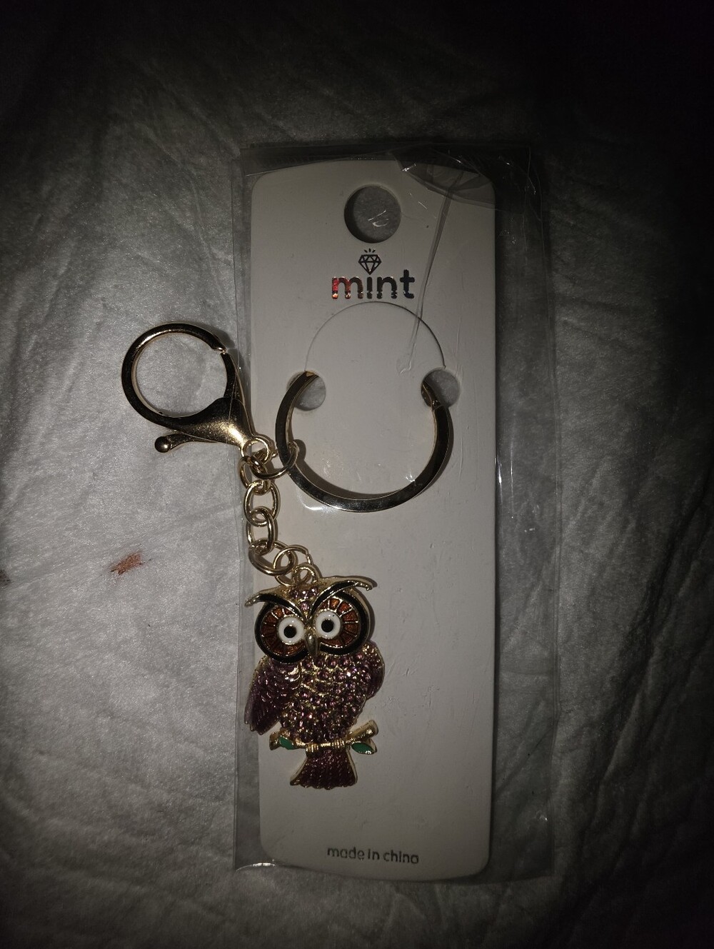 Mint Gold-Tone Bag Charm Keychain with Purple Owl Charm